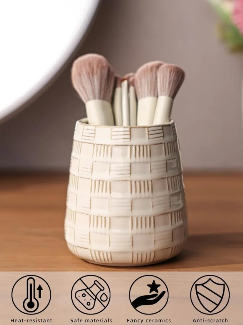 Elegant Ceramic Makeup Brush Holder - Vintage White Vanity Organizer, Easy to